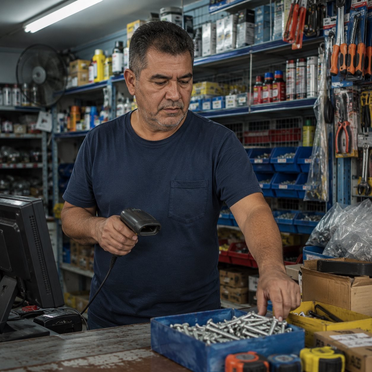 Un ferretero pasa el lector de códigos por una caja de tornillos, frente a la pantalla de la caja.